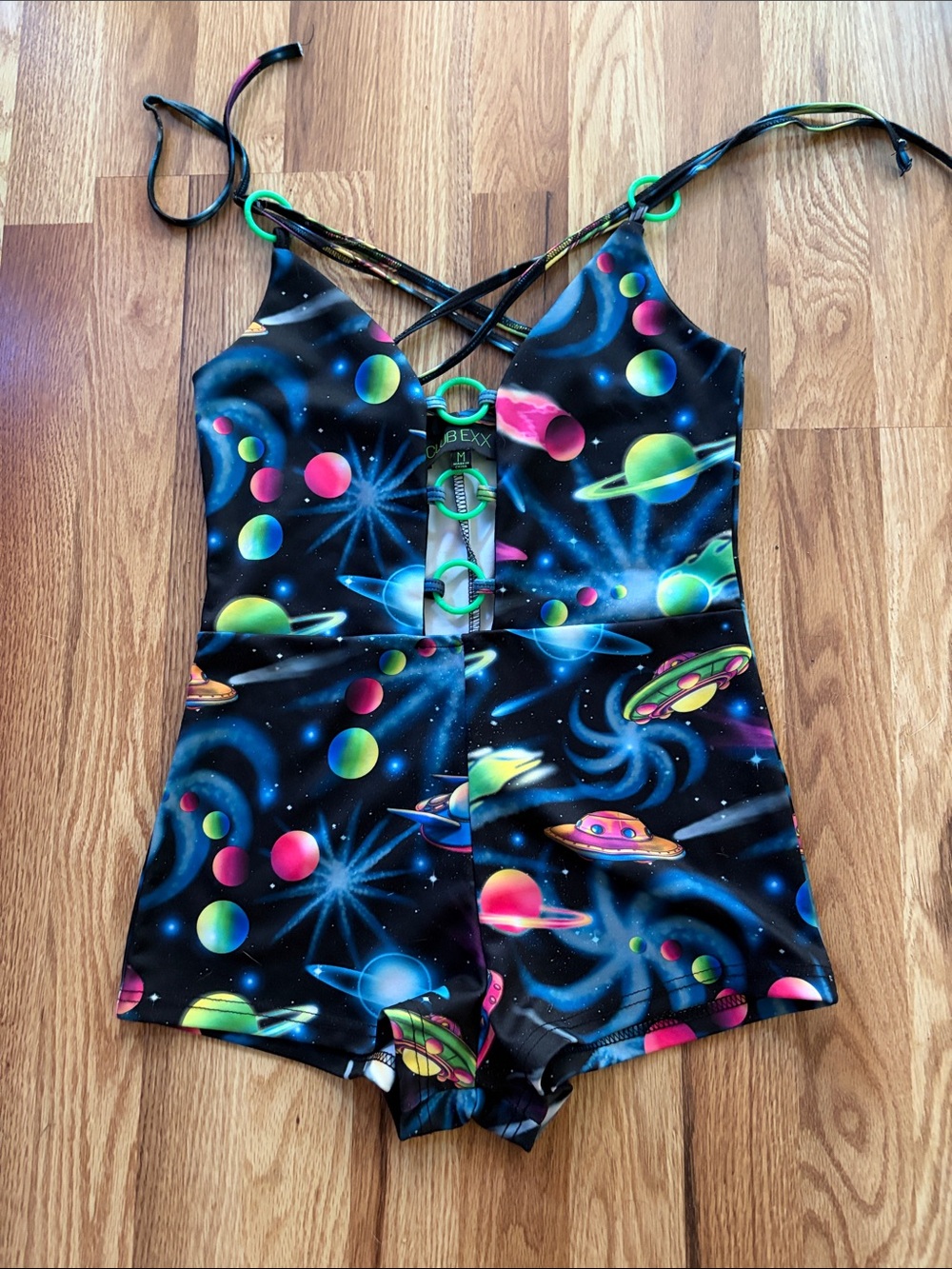 CLUB EXX ✨Dolls Kill RAVER Space-babe Black and neon  Romper Shorts. NWOT